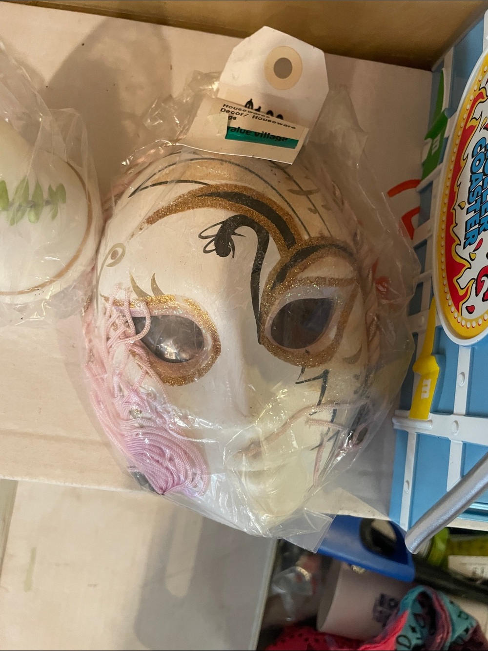 Hand-Painted Decorative White Venetian Mask with Gold and Pink Accents
